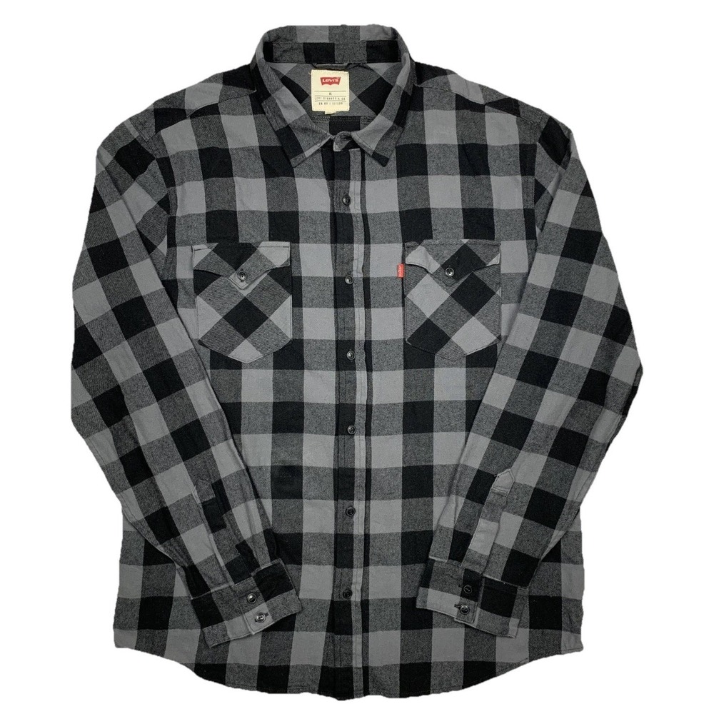 Levi's Shirt Mens XL Gray Black Buffalo Plaid Flannel Button Up Long Sleeve XL